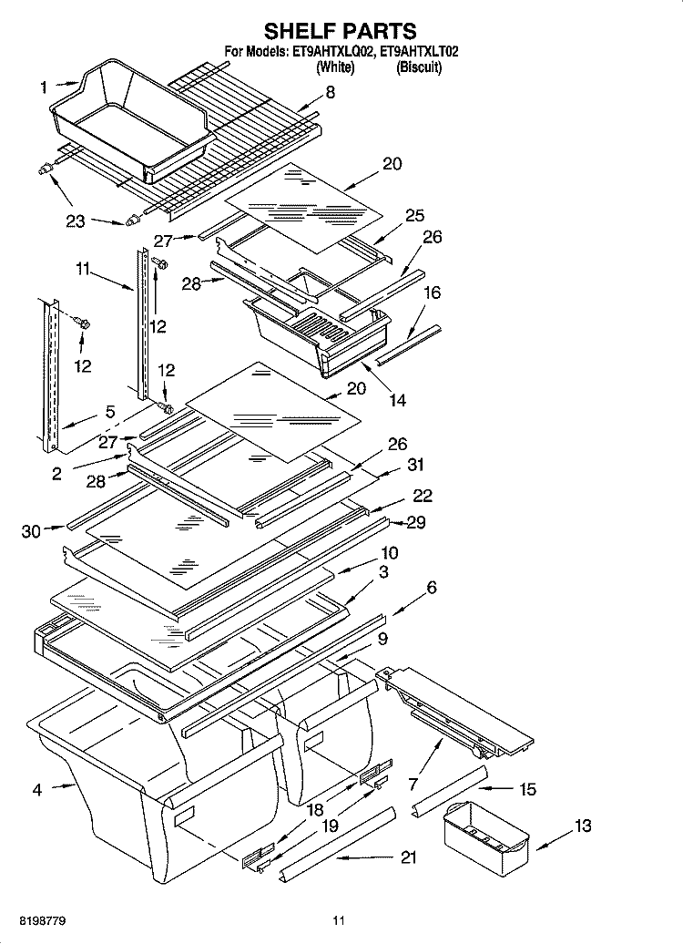 SHELF PARTS Diagram and Parts List for ET9AHTXLT02  Whirlpool Refrigerator