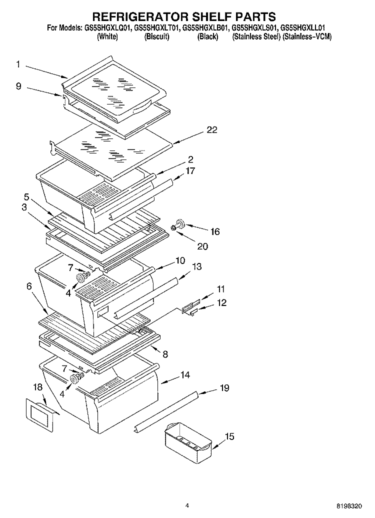 REFRIGERATOR SHELF PARTS Diagram and Parts List for GS5SHGXLT01  Whirlpool Refrigerator