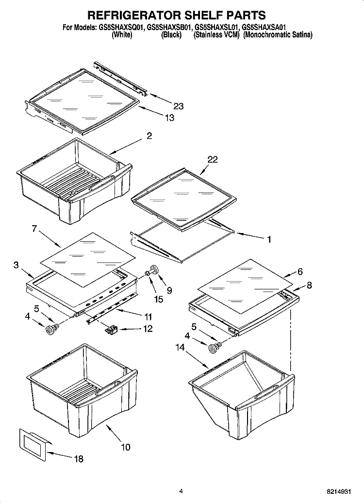 REFRIGERATOR SHELF PARTS Diagram and Parts List for GS5SHAXSB01  Whirlpool Refrigerator
