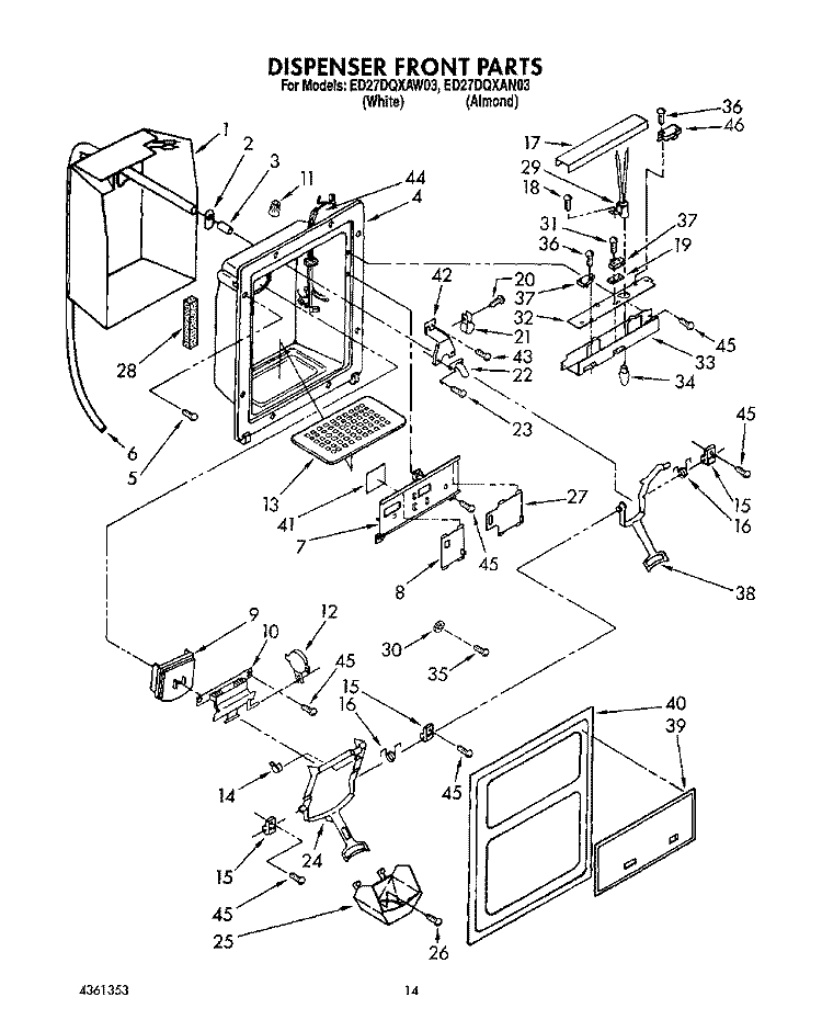 DISPENSER FRONT Diagram and Parts List for ED27DQXAW03  Whirlpool Refrigerator