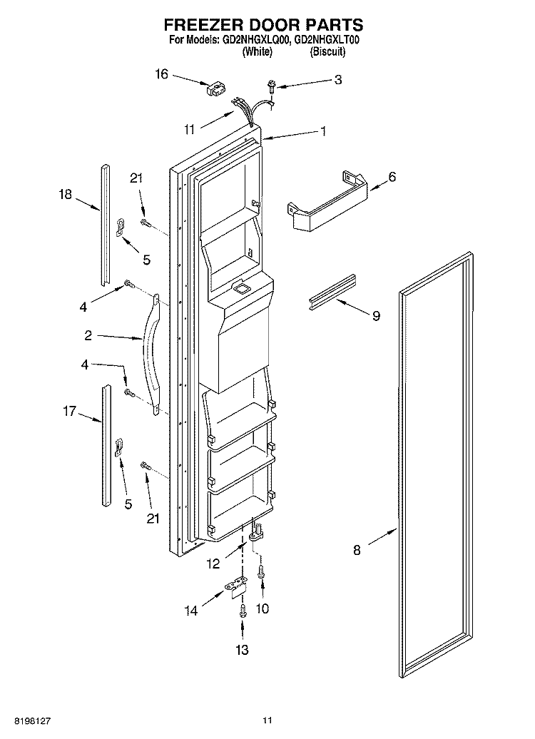 FREEZER DOOR Diagram and Parts List for GD2NHGXLT00  Whirlpool Refrigerator