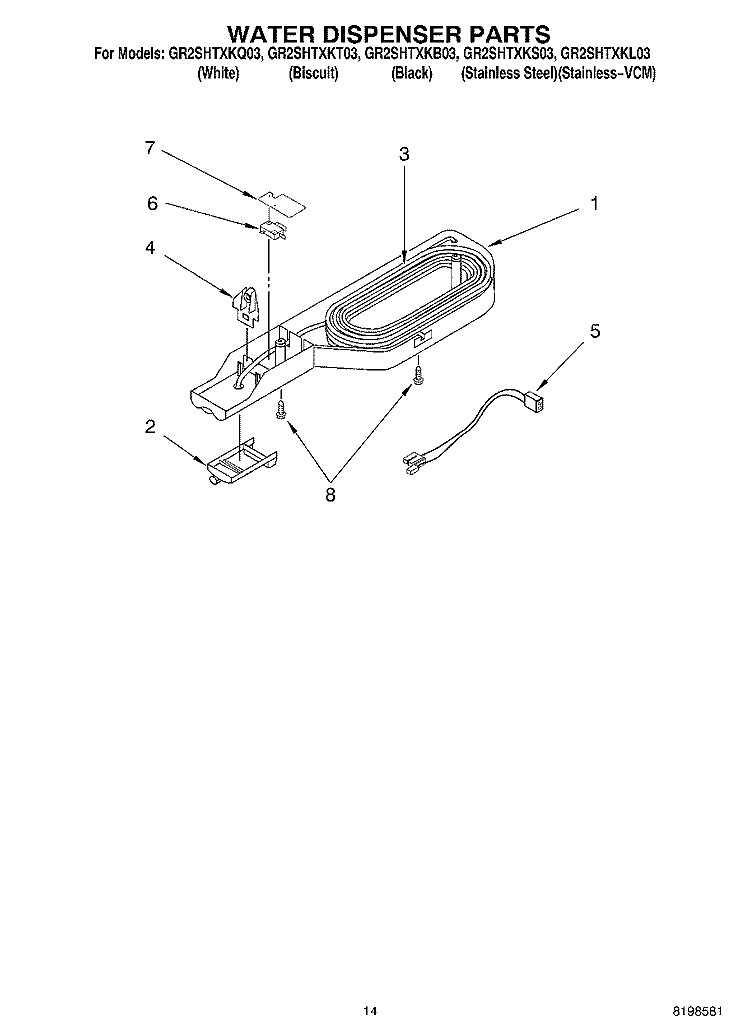 WATER DISPENSER PARTS, OPTIONAL PARTS Diagram and Parts List for GR2SHTXKL03  Whirlpool Refrigerator
