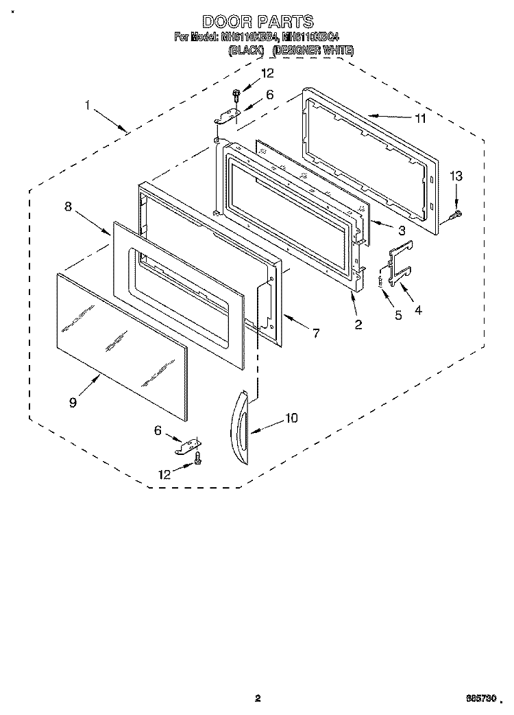 DOOR Diagram and Parts List for  Whirlpool Microwave