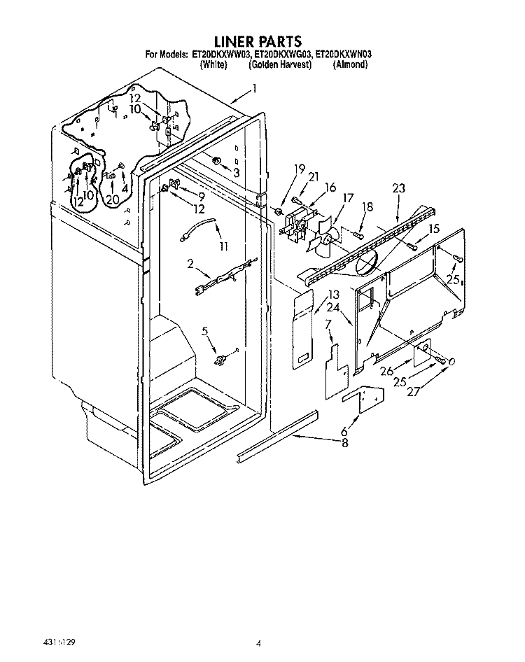 LINER Diagram and Parts List for ET20DKXWW03  Whirlpool Refrigerator