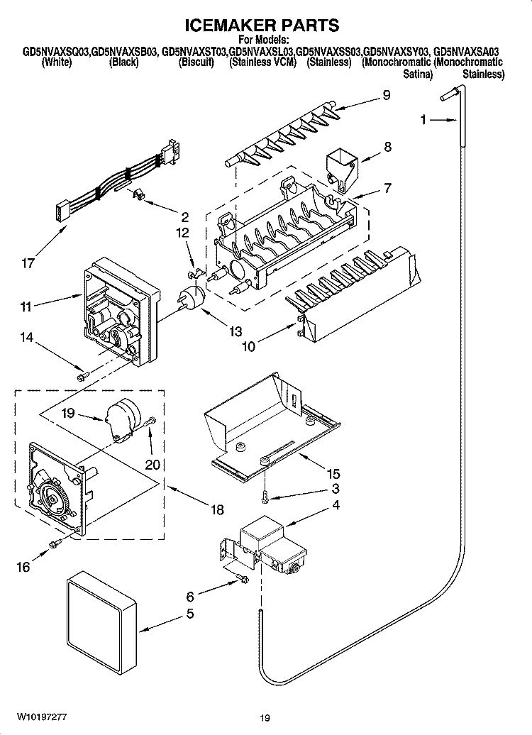 ICEMAKER PARTS, OPTIONAL PARTS (NOT INCLUDED) Diagram and Parts List for GD5NVAXST03  Whirlpool Refrigerator