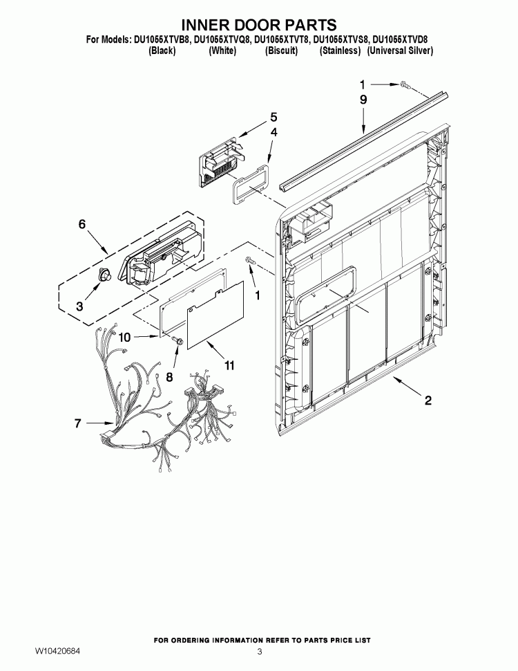 INNER DOOR PARTS Diagram and Parts List for  Whirlpool Dishwasher