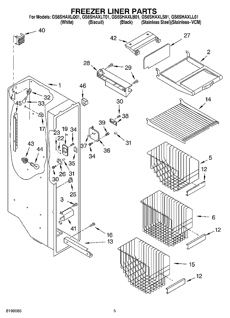 FREEZER LINER Diagram and Parts List for GS6SHAXLT01  Whirlpool Refrigerator