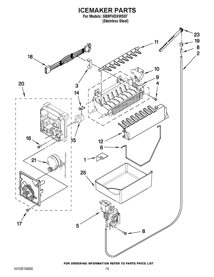 ICEMAKER PARTS Diagram and Parts List for GB9FHDXWS07  Whirlpool Refrigerator