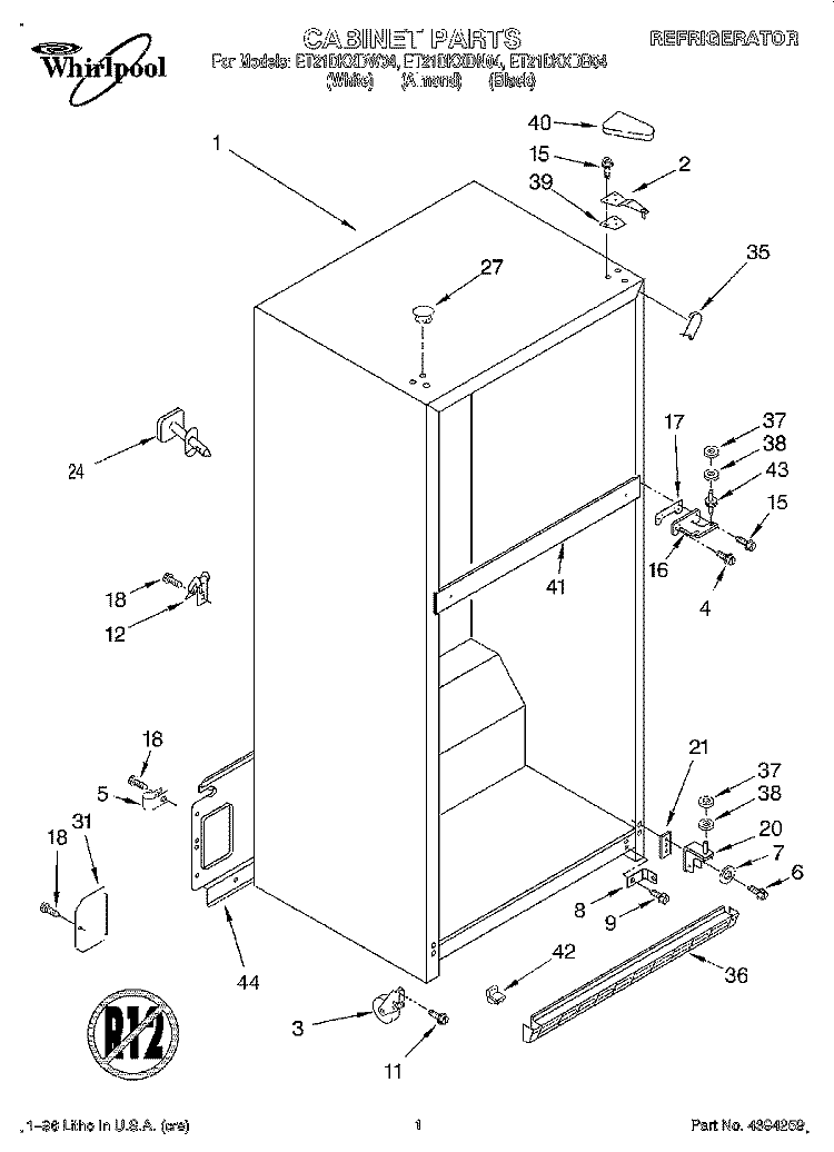 CABINET Diagram and Parts List for ET21DKXDN04  Whirlpool Refrigerator
