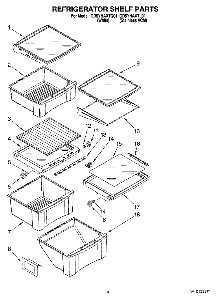 REFRIGERATOR SHELF PARTS Diagram and Parts List for GD5YHAXTL01  Whirlpool Refrigerator
