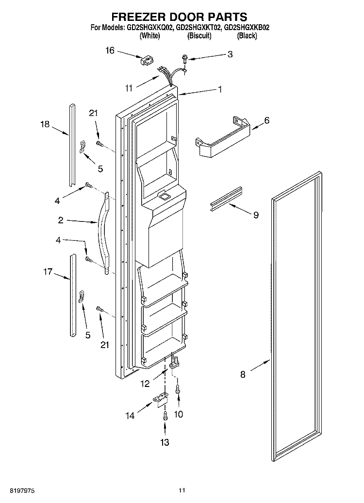 FREEZER DOOR Diagram and Parts List for GD2SHGXKB02  Whirlpool Refrigerator
