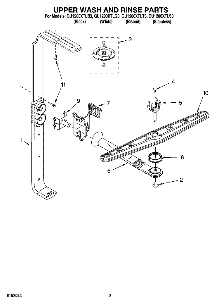 UPPER WASH AND RINSE PARTS Diagram and Parts List for  Whirlpool Dishwasher