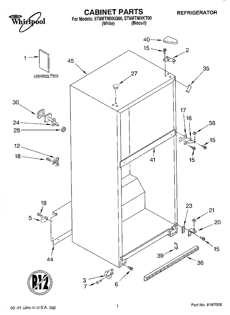 CABINET, LITERATURE Diagram and Parts List for ET8MTMXKT00  Whirlpool Refrigerator