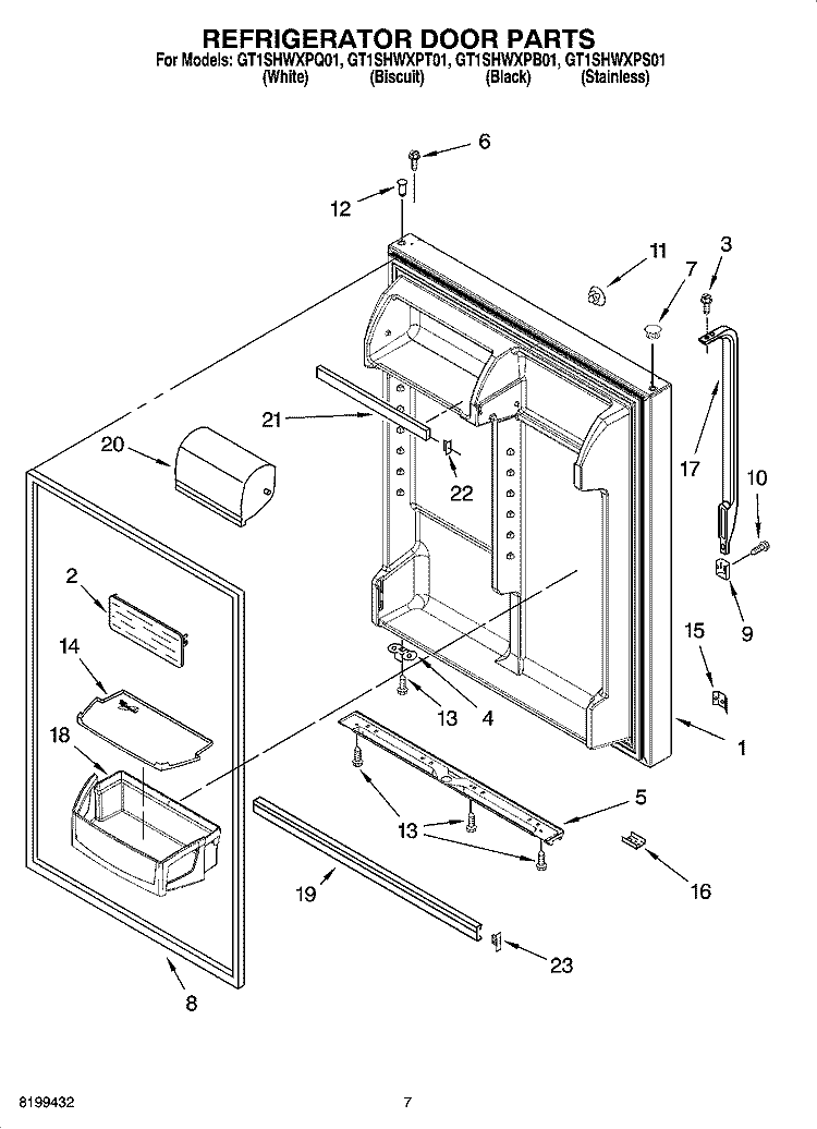 REFRIGERATOR DOOR PARTS Diagram and Parts List for GT1SHWXPT01  Whirlpool Refrigerator