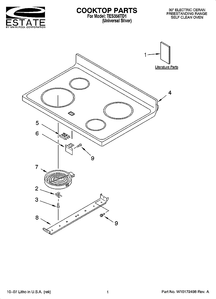 COOKTOP PARTS Diagram and Parts List for TES356TD1  Estate Range