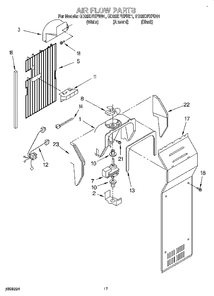 AIR FLOW Diagram and Parts List for GD25DFXFW01  Whirlpool Refrigerator