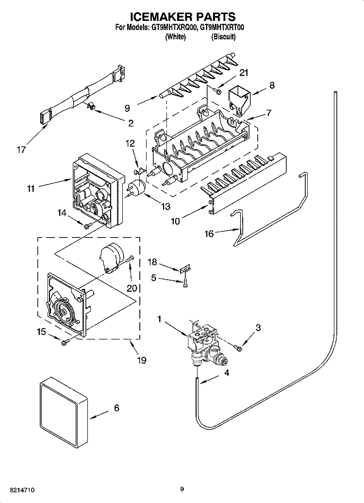 ICEMAKER PARTS Diagram and Parts List for GT9MHTXRT00  Whirlpool Refrigerator