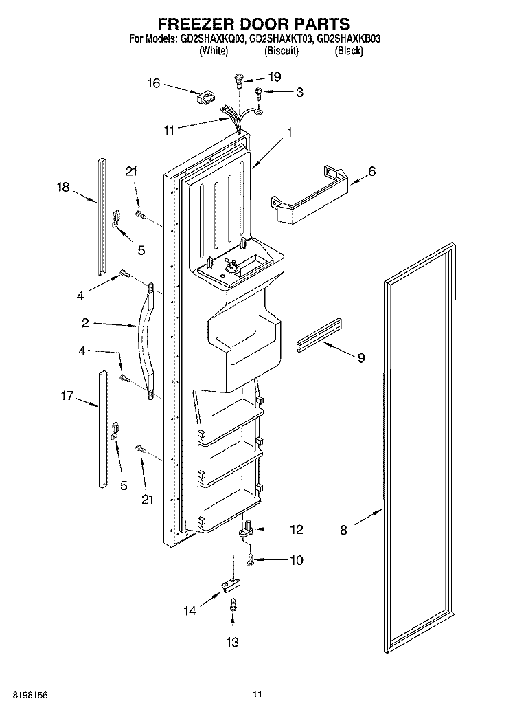 FREEZER DOOR Diagram and Parts List for GD2SHAXKT03  Whirlpool Refrigerator