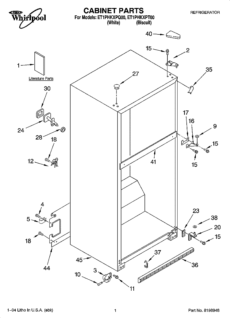 CABINET PARTS Diagram and Parts List for ET1PHKXPT00  Whirlpool Refrigerator