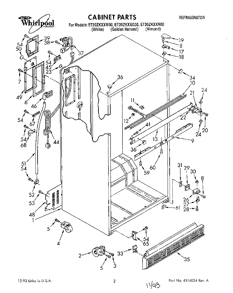 CABINET Diagram and Parts List for ET20ZKXXW00  Whirlpool Refrigerator