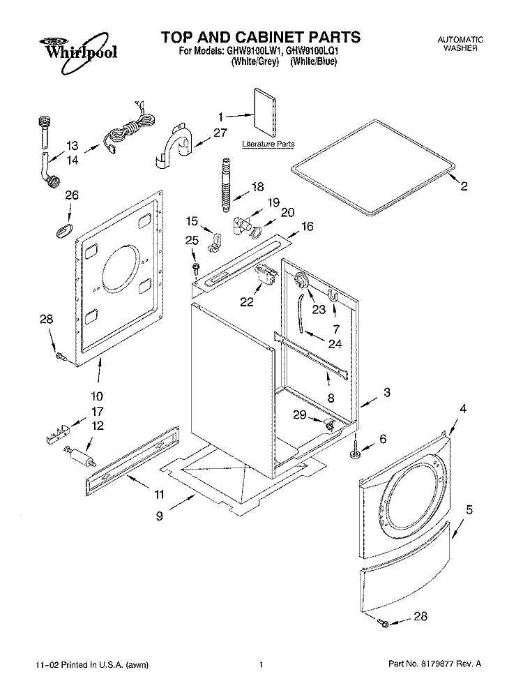 TOP AND CABINET, LITERATURE Diagram and Parts List for  Whirlpool Washer