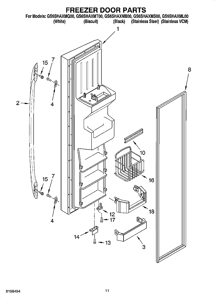 FREEZER DOOR PARTS Diagram and Parts List for GS6SHAXMB00  Whirlpool Refrigerator