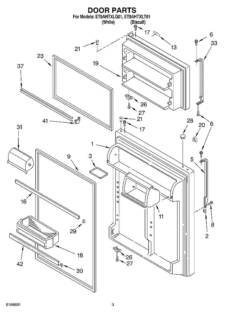DOOR PARTS Diagram and Parts List for ET9AHTXLT01  Whirlpool Refrigerator