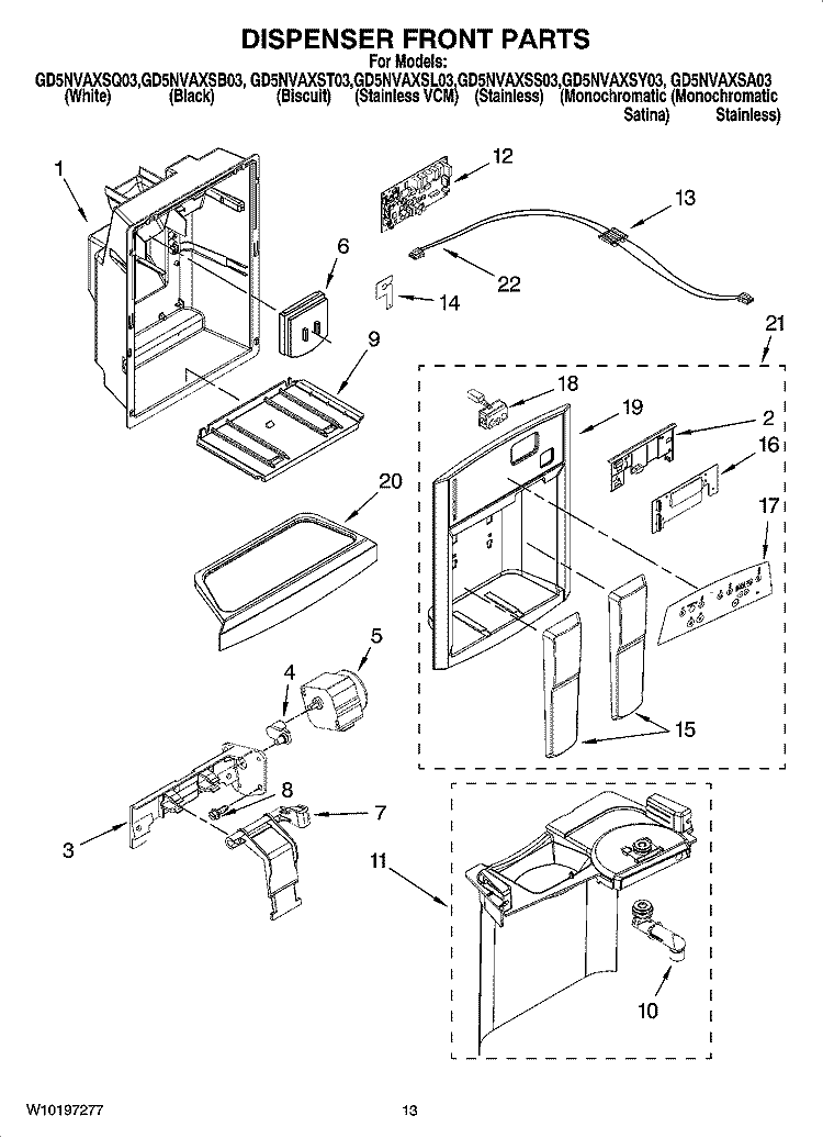 DISPENSER FRONT PARTS Diagram and Parts List for GD5NVAXST03  Whirlpool Refrigerator