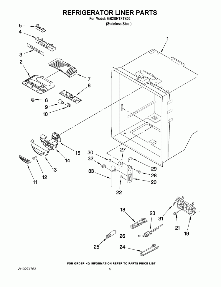 REFRIGERATOR LINER PARTS Diagram and Parts List for GB2SHTXTS02  Whirlpool Refrigerator