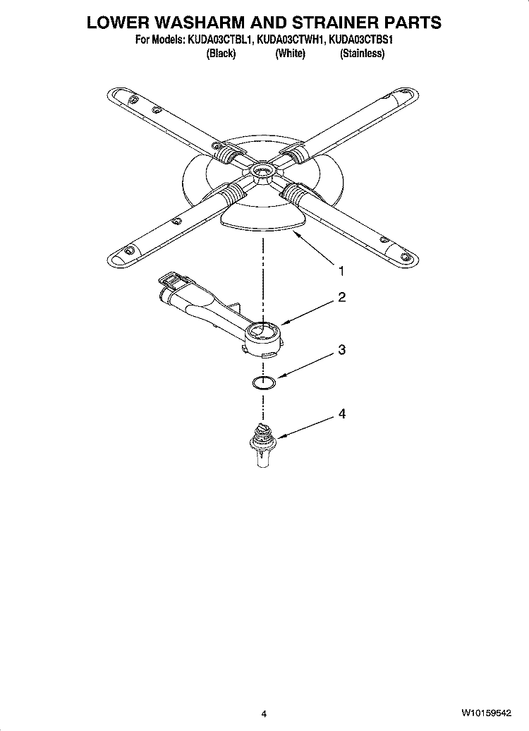 LOWER WASHARM AND STRAINER PARTS Diagram and Parts List for  KitchenAid Dishwasher