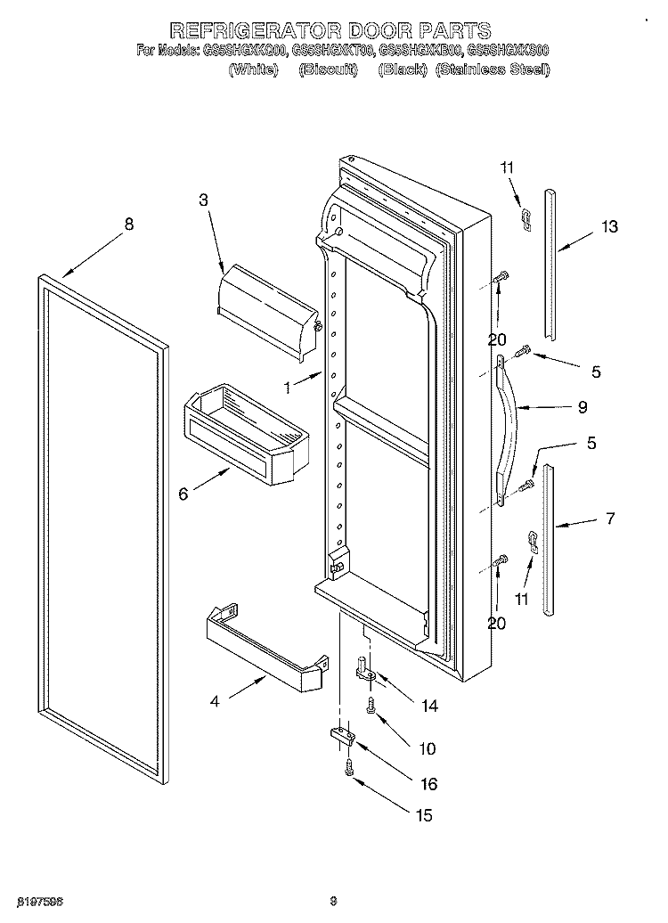 REFRIGERATOR DOOR Diagram and Parts List for GS5SHGXKB00  Whirlpool Refrigerator
