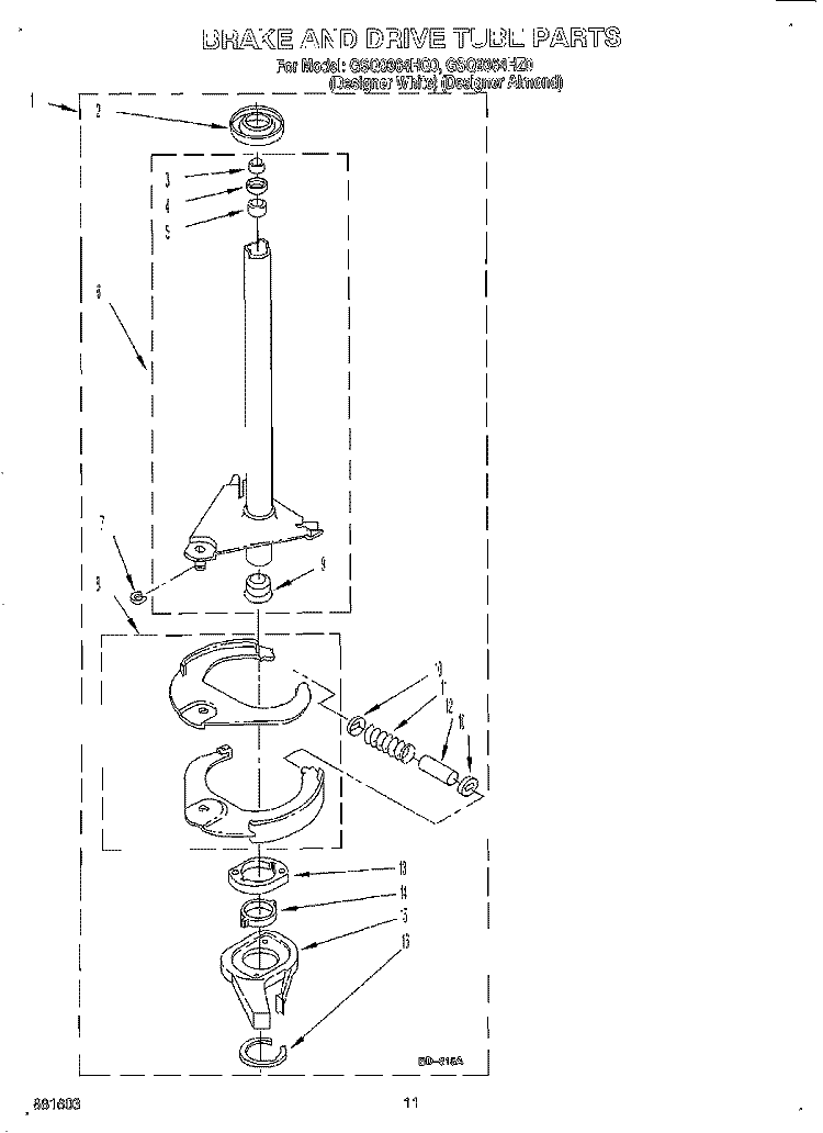 BRAKE AND DRIVE TUBE Diagram and Parts List for  Whirlpool Washer
