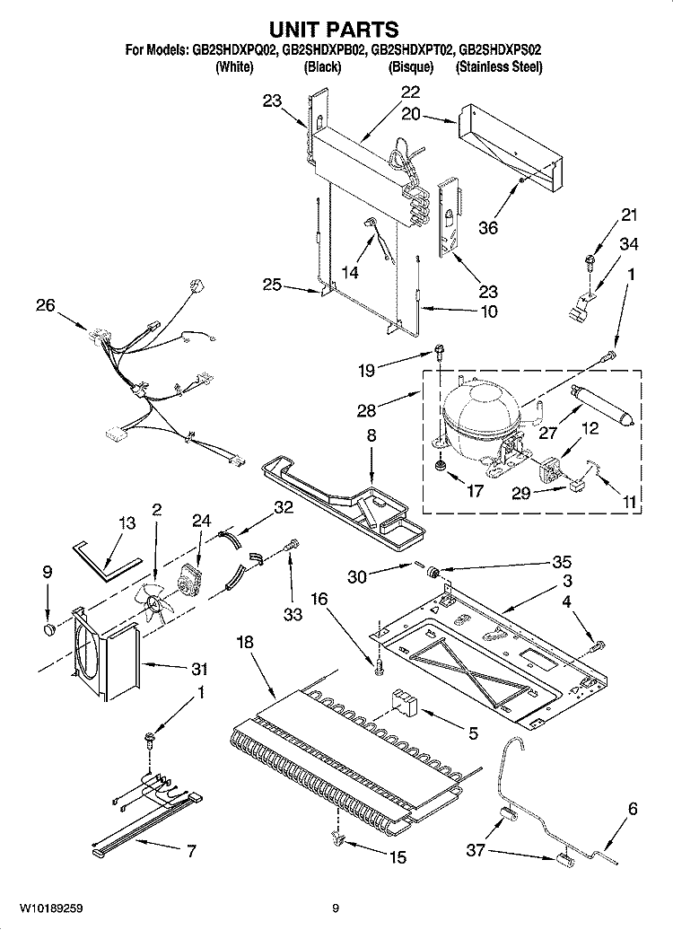 UNIT PARTS Diagram and Parts List for GB2SHDXPB02  Whirlpool Refrigerator