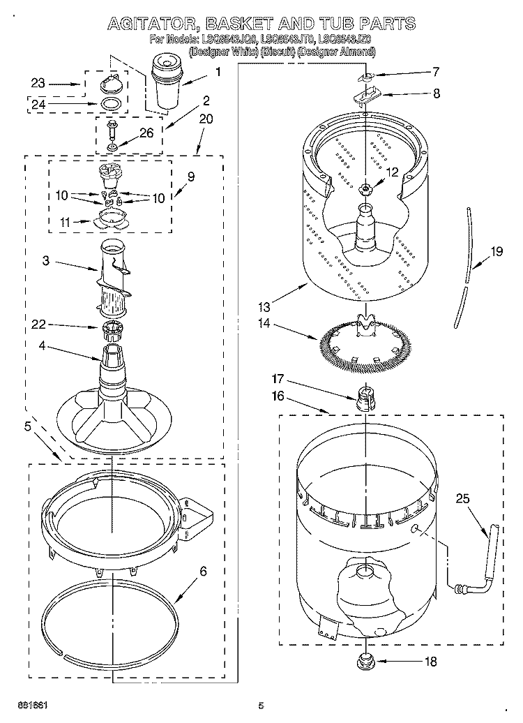 AGITATOR, BASKET AND TUB Diagram and Parts List for  Whirlpool Washer
