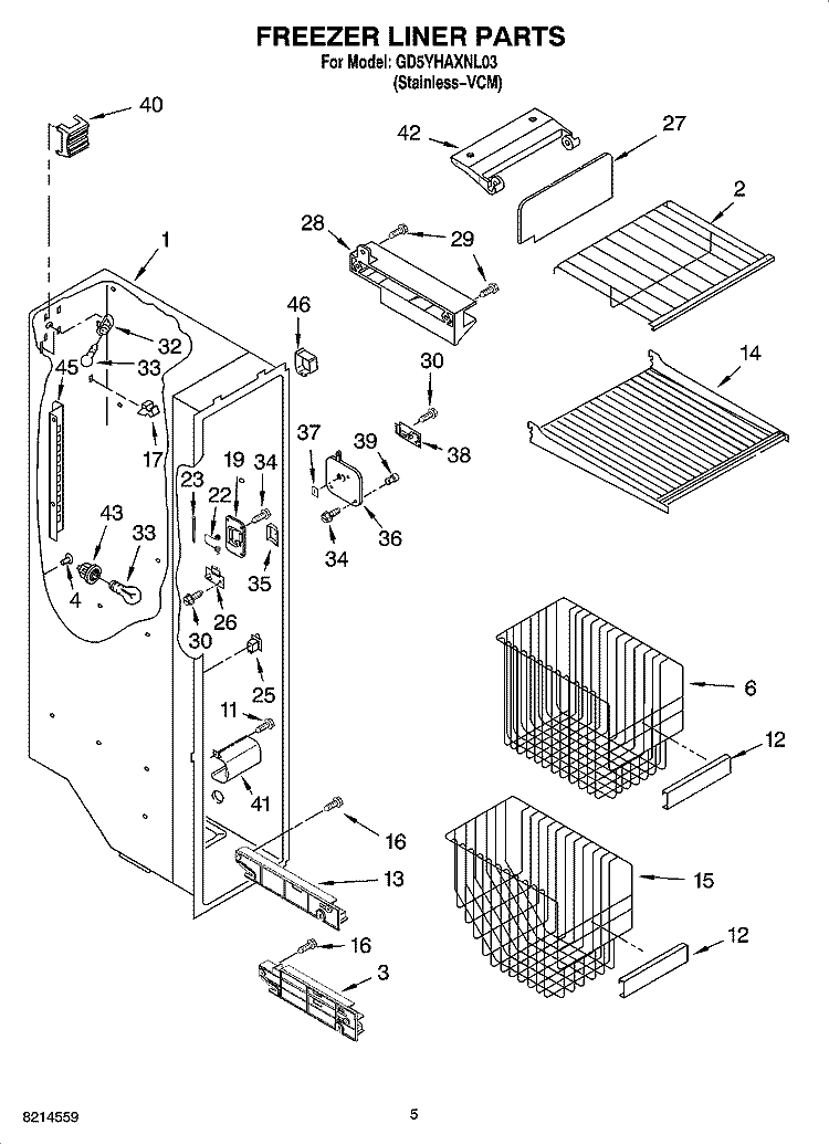 FREEZER LINER PARTS Diagram and Parts List for GD5YHAXNL03  Whirlpool Refrigerator