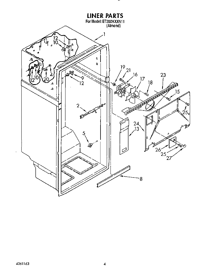 LINER Diagram and Parts List for ET20DKXXN11  Whirlpool Refrigerator
