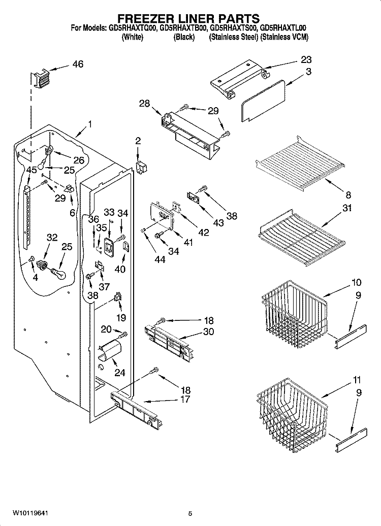 FREEZER LINER PARTS Diagram and Parts List for GD5RHAXTQ00  Whirlpool Refrigerator
