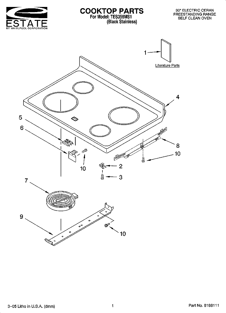 COOKTOP PARTS Diagram and Parts List for TES356MS1  Estate Range