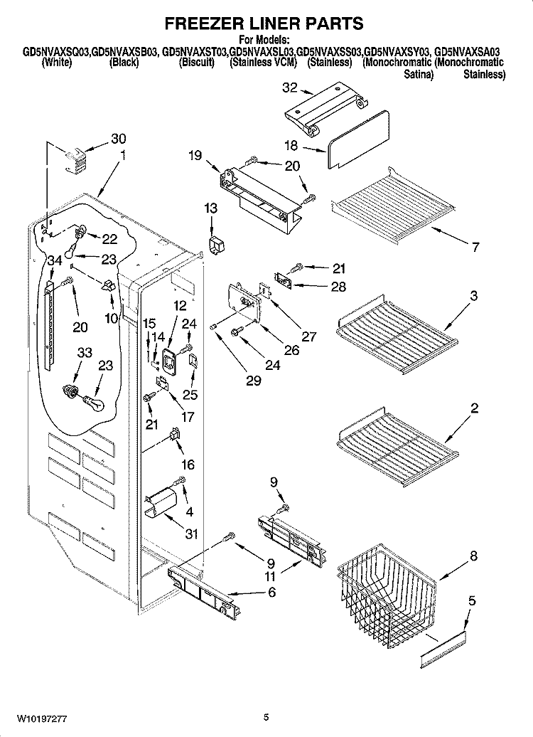 FREEZER LINER PARTS Diagram and Parts List for GD5NVAXST03  Whirlpool Refrigerator