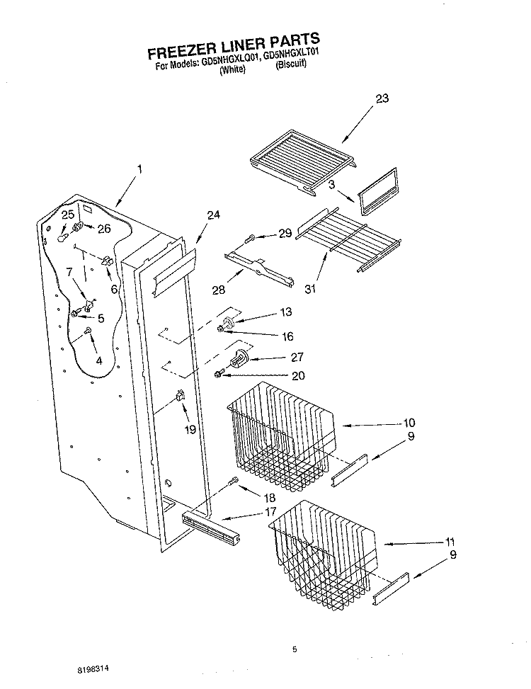 FREEZER LINER Diagram and Parts List for GD5NHGXLT01  Whirlpool Refrigerator