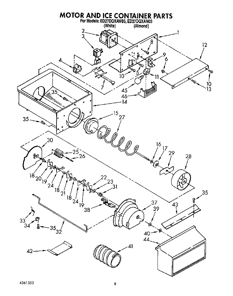 MOTOR AND ICE CONTAINER Diagram and Parts List for ED27DQXAW03  Whirlpool Refrigerator