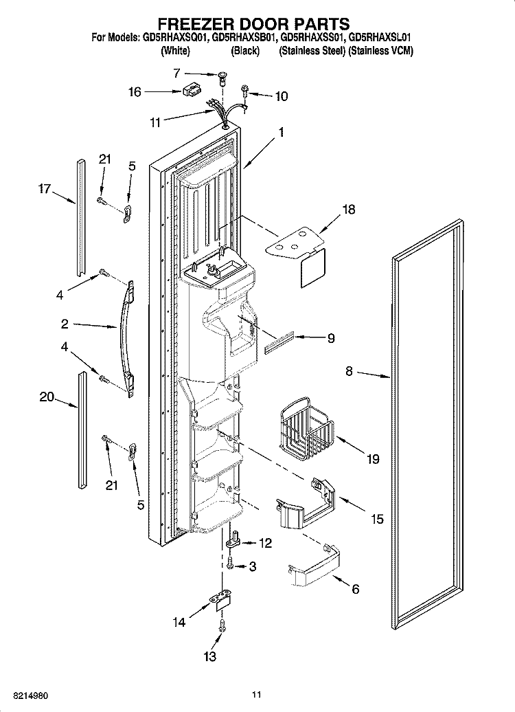 FREEZER DOOR PARTS Diagram and Parts List for GD5RHAXSB01  Whirlpool Refrigerator