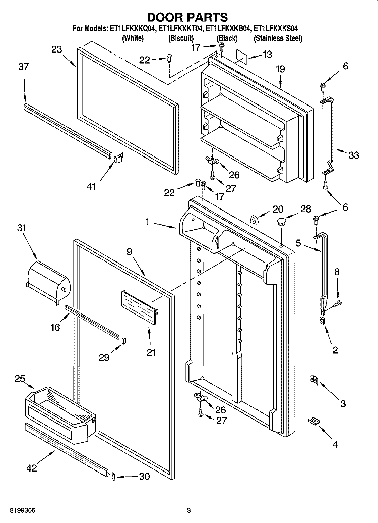 DOOR PARTS Diagram and Parts List for ET1LFKXKS04  Whirlpool Refrigerator