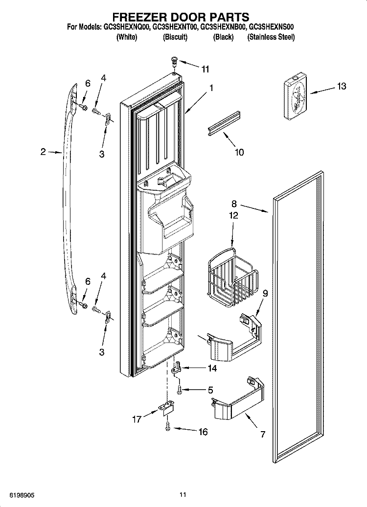 FREEZER DOOR PARTS Diagram and Parts List for GC3SHEXNS00  Whirlpool Refrigerator