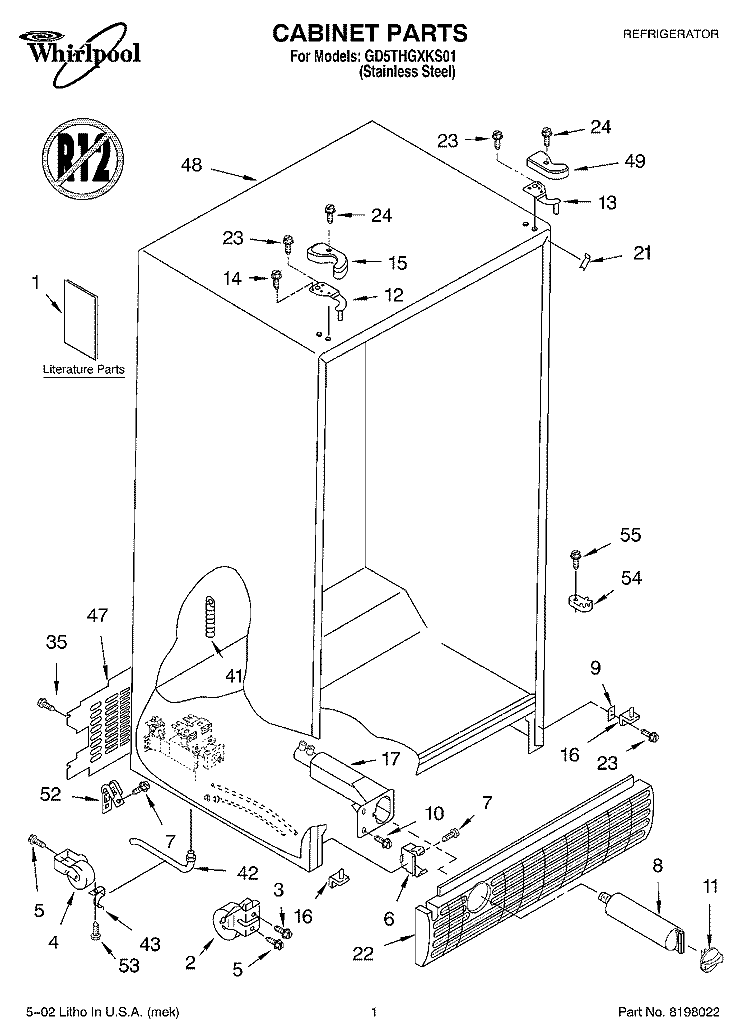 CABINET, LITERATURE Diagram and Parts List for GD5THGXKS01  Whirlpool Refrigerator