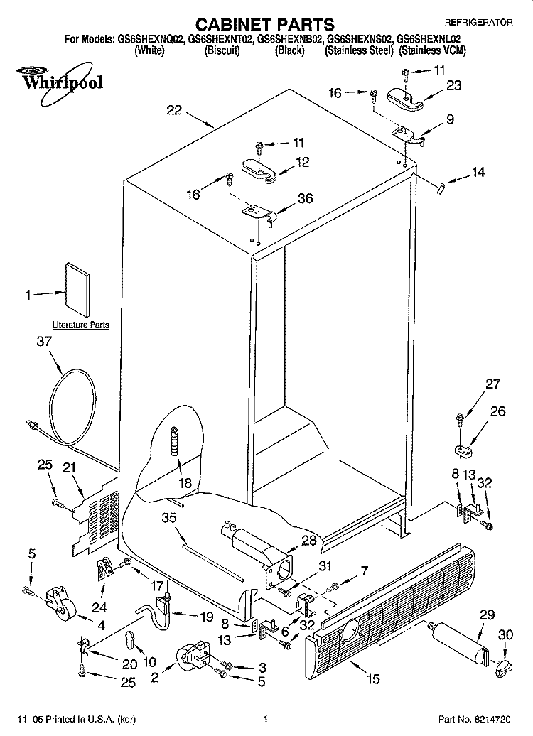 CABINET PARTS Diagram and Parts List for GS6SHEXNQ02  Whirlpool Refrigerator