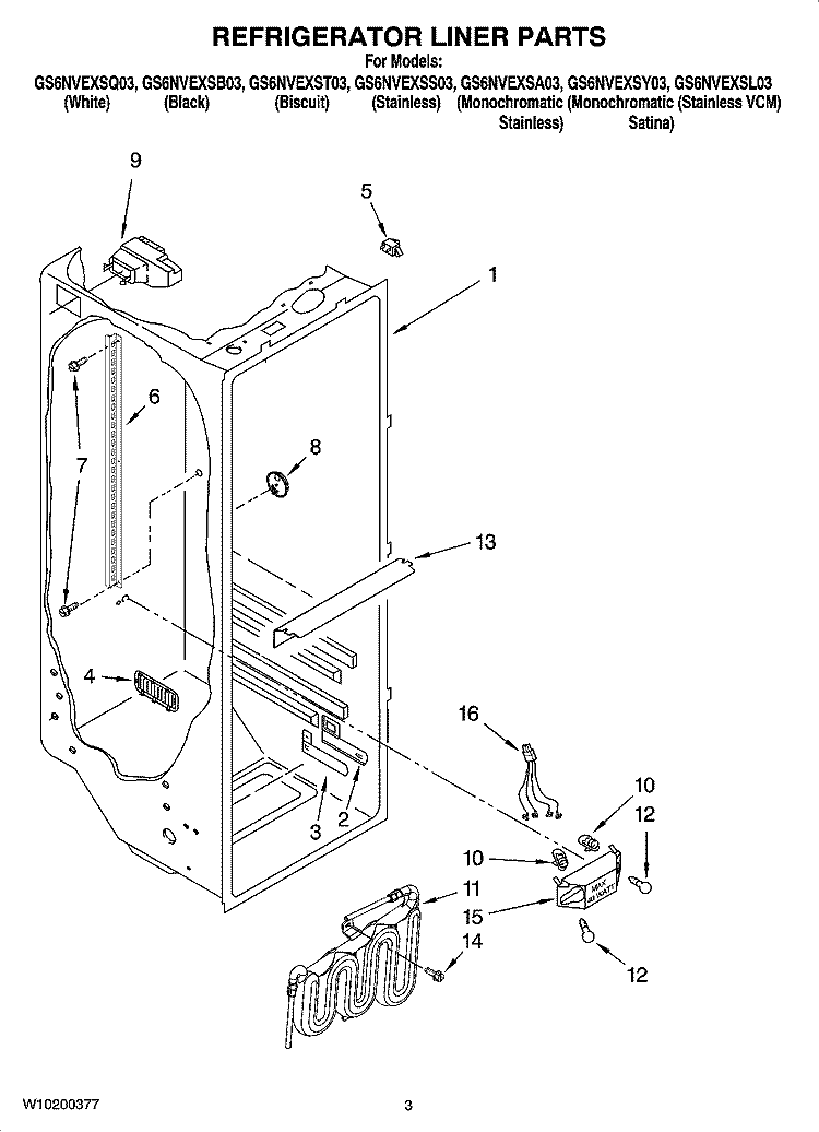 REFRIGERATOR LINER PARTS Diagram and Parts List for GS6NVEXSS03  Whirlpool Refrigerator
