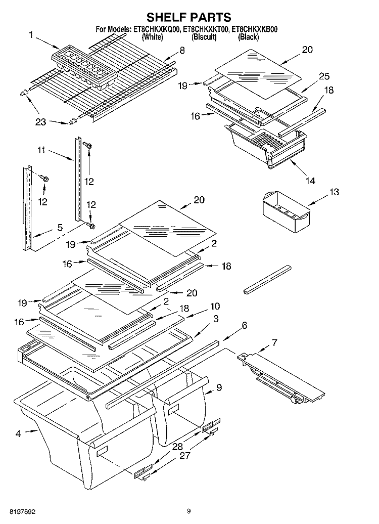 SHELF, OPTIONAL Diagram and Parts List for ET8CHKXKT00  Whirlpool Refrigerator