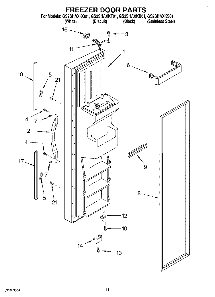 FREEZER DOOR Diagram and Parts List for GS2SHAXKT01  Whirlpool Refrigerator
