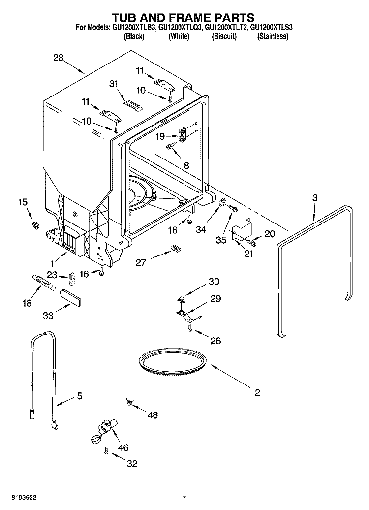 TUB AND FRAME PARTS Diagram and Parts List for  Whirlpool Dishwasher